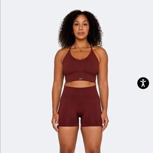 Set Active Maroon workout set — biker shorts and box cut sports bra.